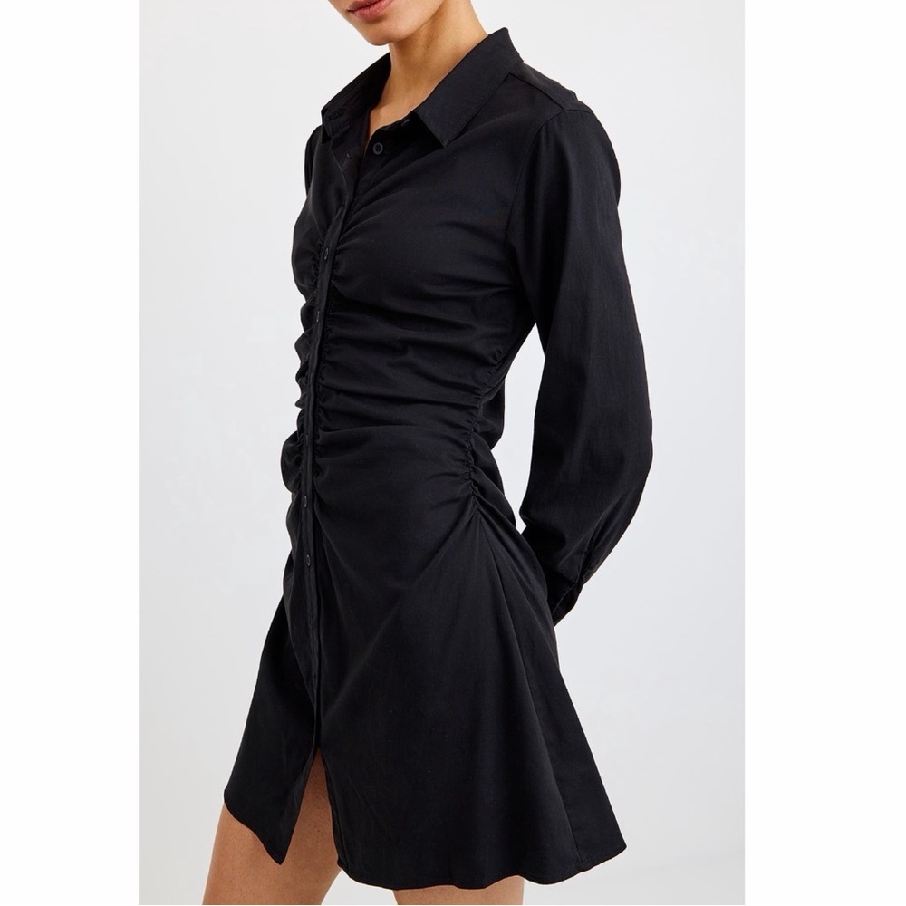 Bella Dahl Long Sleeve Shirred Shirt Mini Dress - Black Size Small